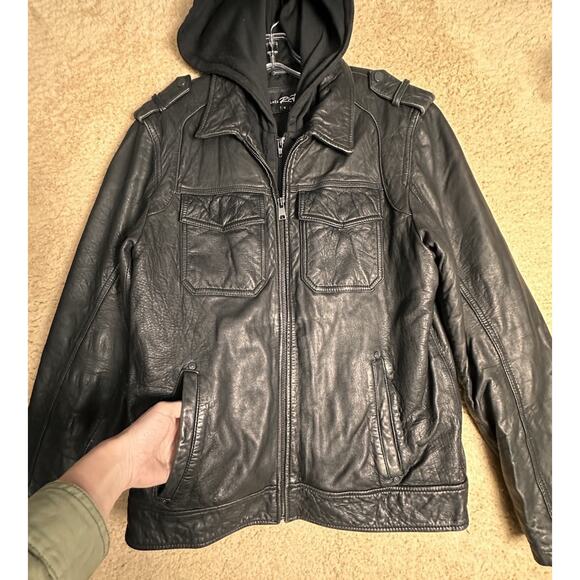 Black Rivet Leather Jacket GIII Mens SMALL Bomber Removable Hood MSRP $600 - Picture 14 of 16